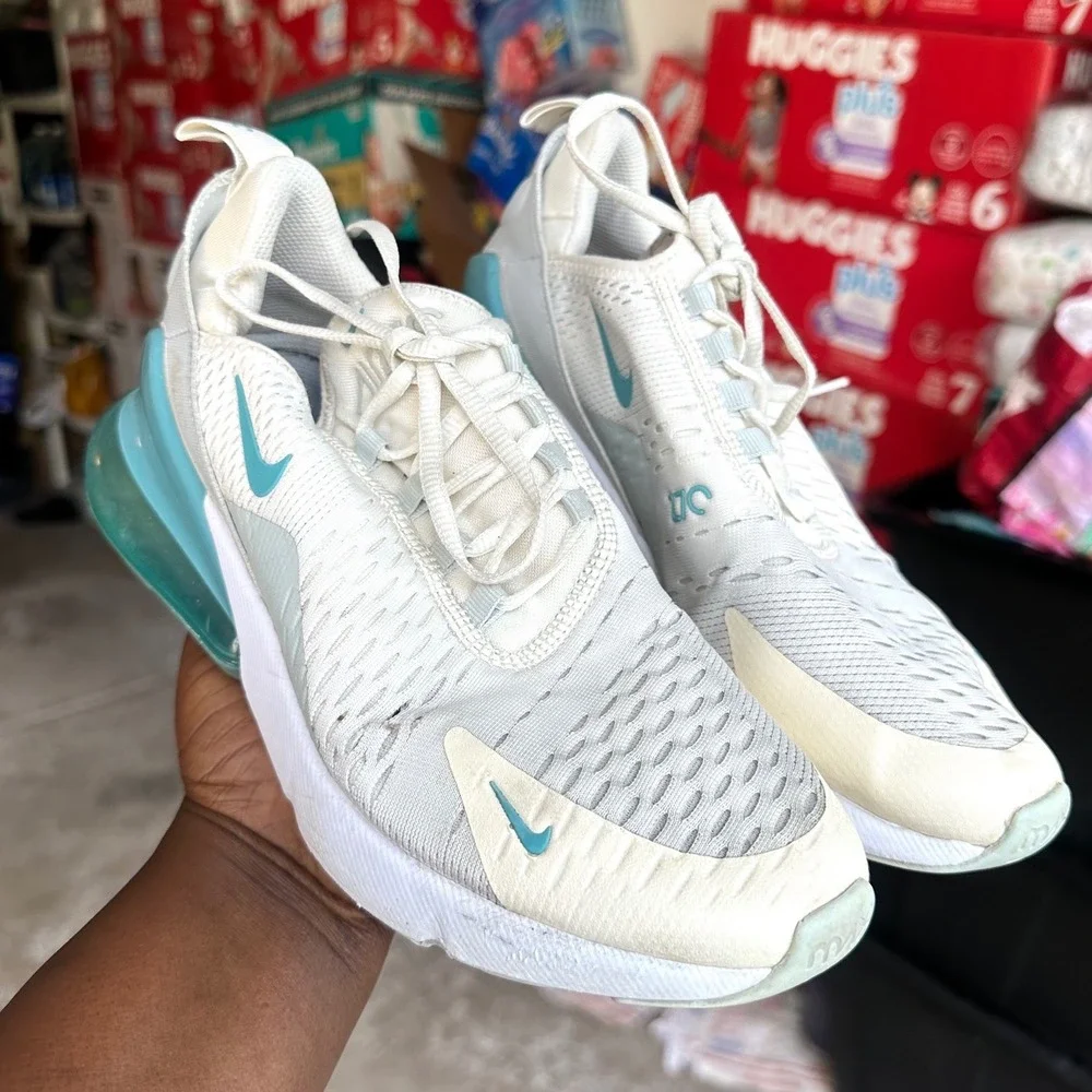 Nike Air Max 270 Big Kids Athletic Shoes Size 6Y White Teal Blue